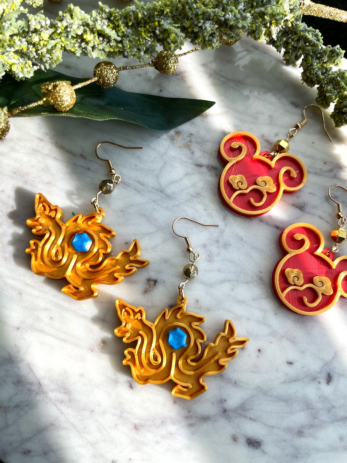 Asian Inspired Mouse Shaped earrings - 3D printed Mouse earrings - Lunar earrings - Chinese Inspired Mickey earrings