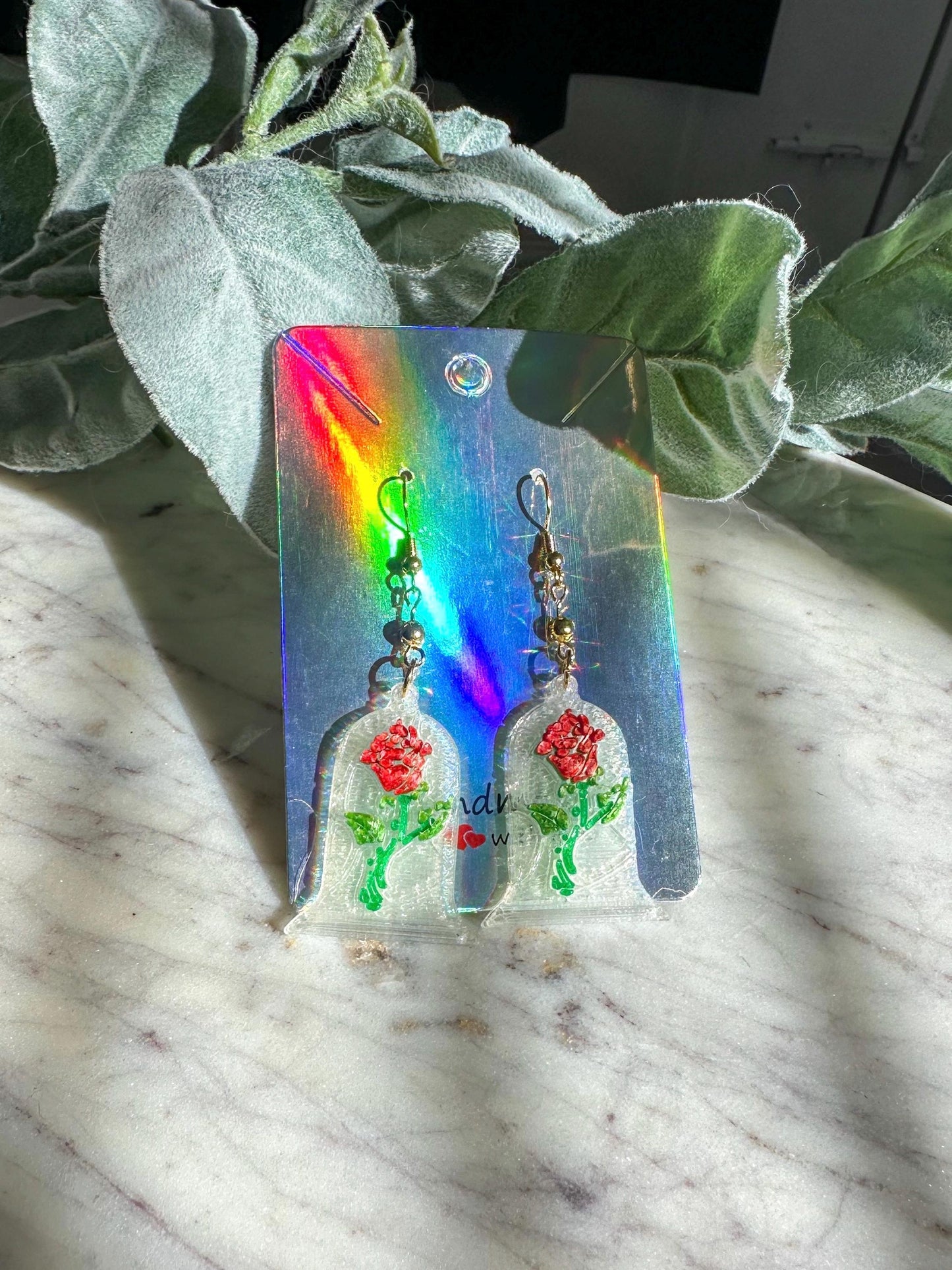 3D Printed Beauty & the Beast inspired earrings - Red Stain Glass rose earrings - Belle earrings Rose earrings