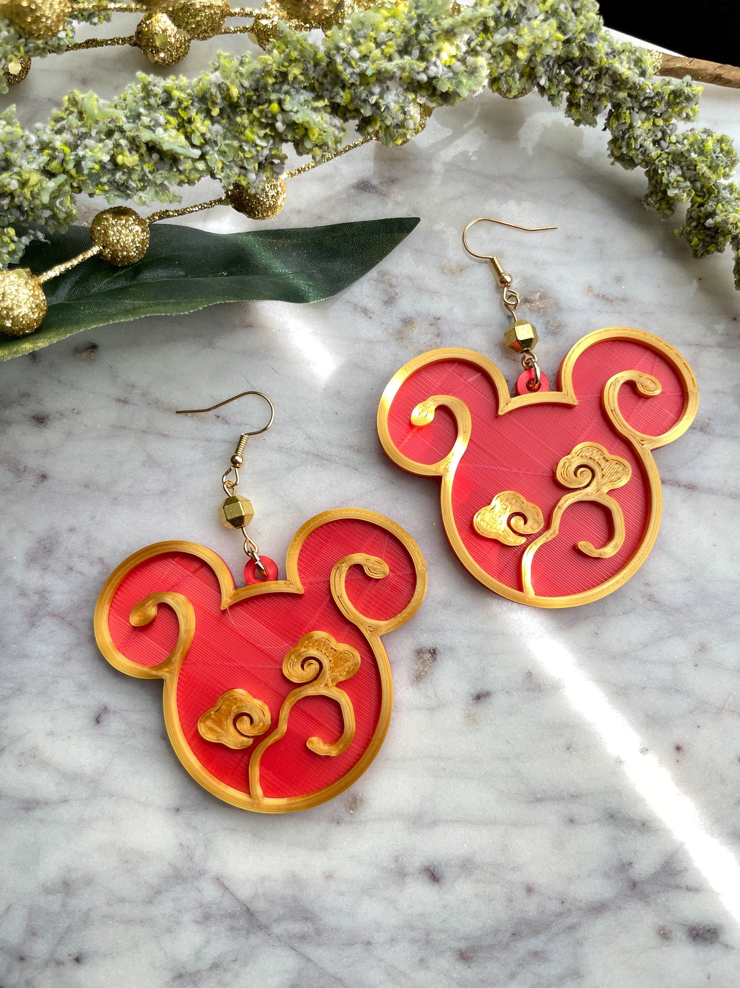 Asian Inspired Mouse Shaped earrings - 3D printed Mouse earrings - Lunar earrings - Chinese Inspired Mickey earrings