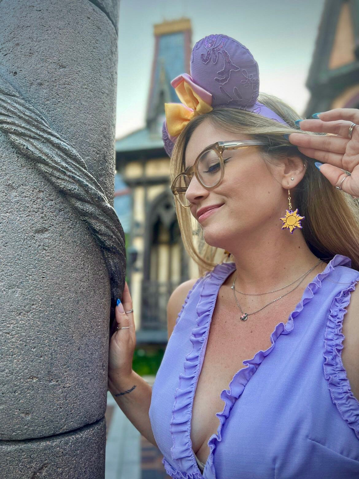 3D Printed Rapunzel inspired earrings - Purple Gold Sun flower earrings - lost princess earrings