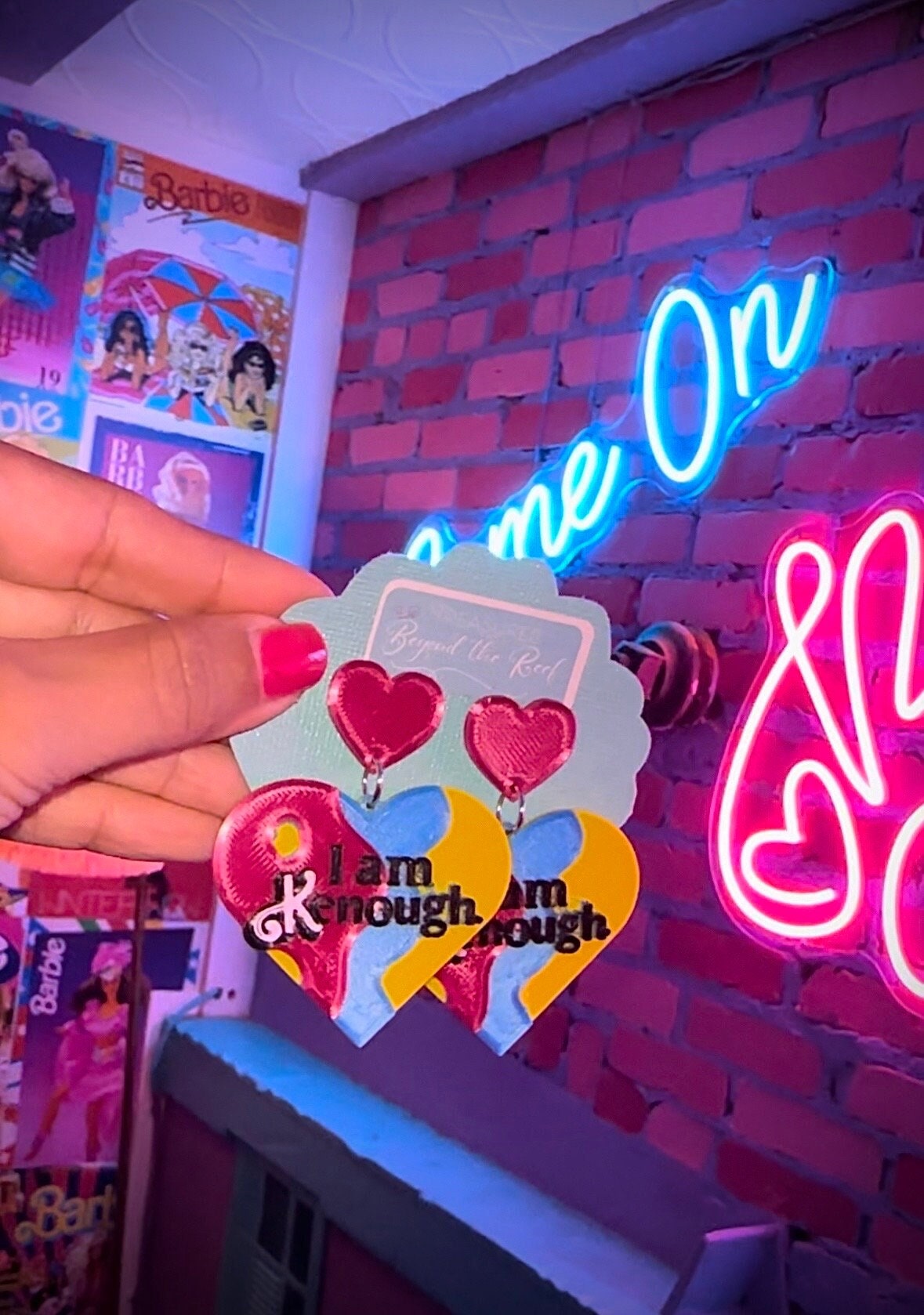 Kenough Doll inspired earrings - Hot Pink Doll earrings - I am Kenough earrings - Hot pink earrings - Tiedyed heart earrings