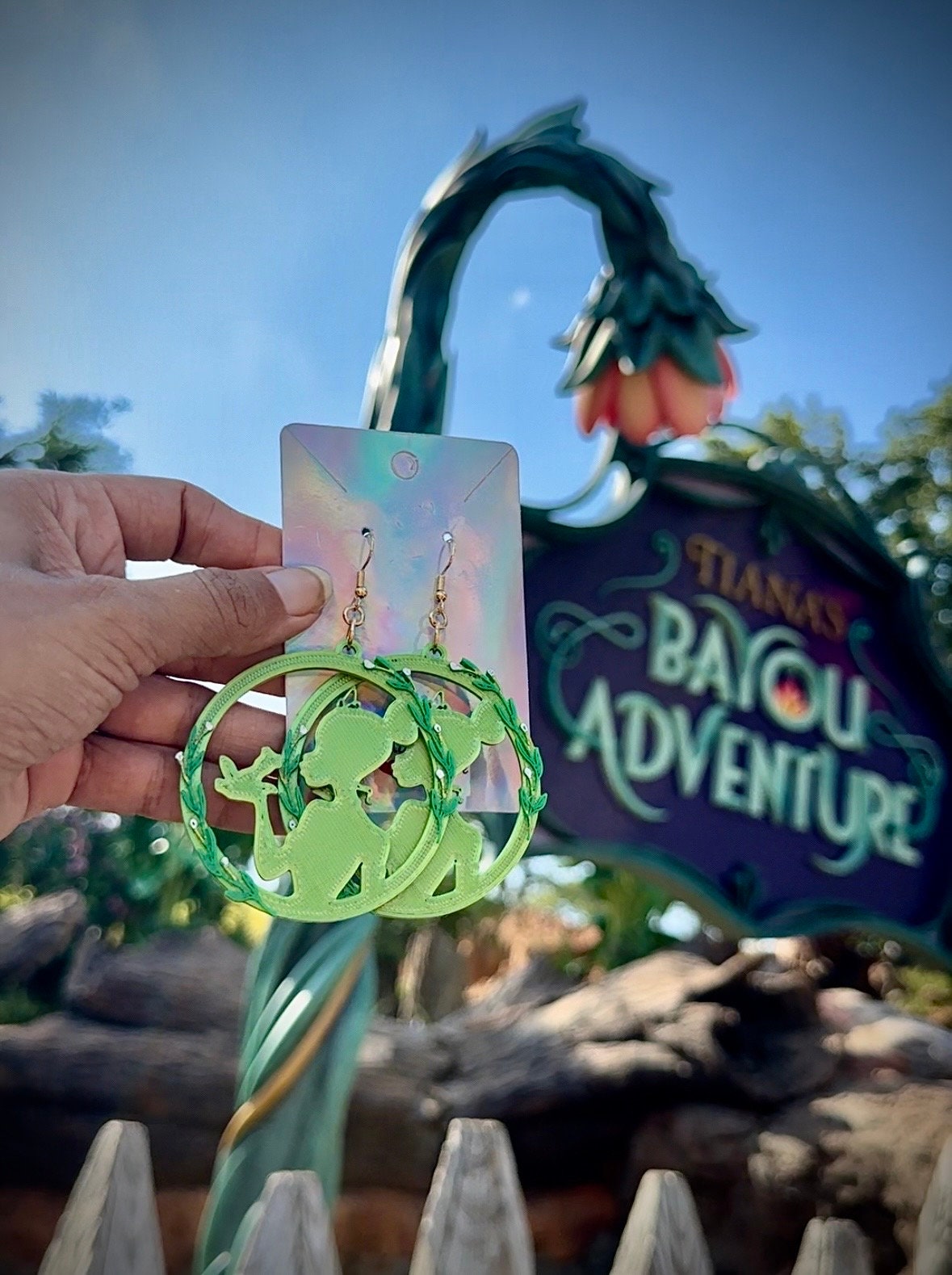 Princess Frog Earrings - Tiana Bayou Adventure inspired earrings - Princess Tiana 3D printed earrings - Lotus Flower - Princess Crown