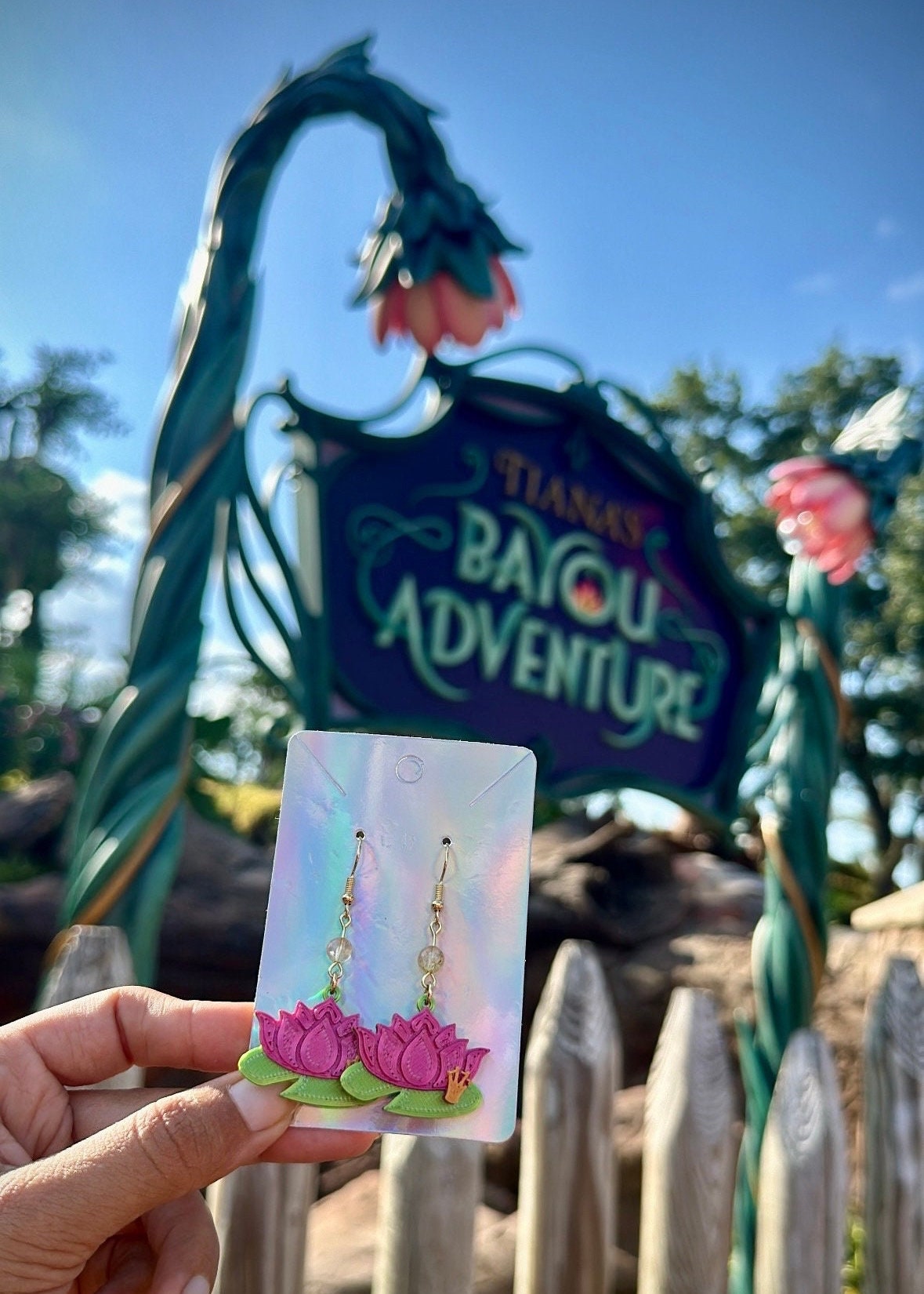 Princess Frog Earrings - Tiana Bayou Adventure inspired earrings - Princess Tiana 3D printed earrings - Lotus Flower - Princess Crown