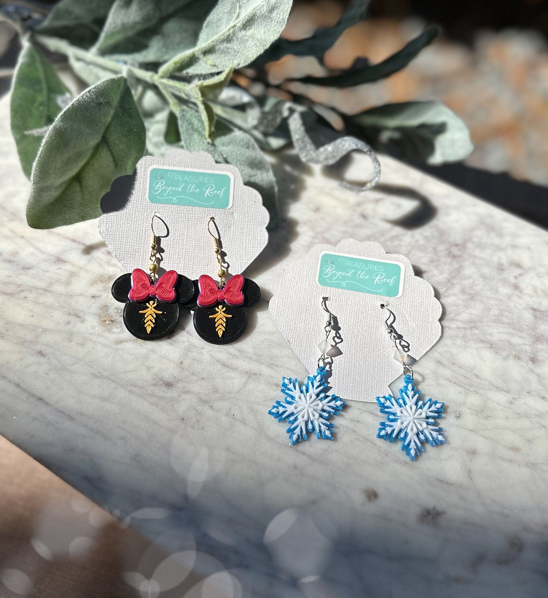 3D Printed Frozen Inspired Earrings - Anna of Arendelle earrings - Elsa Snowflake - Mickey Snowflake earrings - Winter Earrings