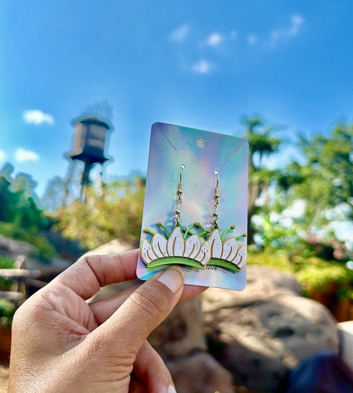 Princess Frog Earrings - Tiana Bayou Adventure inspired earrings - Princess Tiana 3D printed earrings - Lotus Flower - Princess Crown