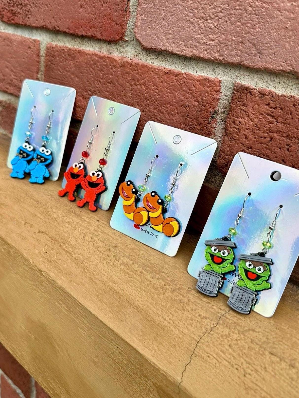 3D Printed Sesame Street Inspired earrings - Slimey - Orange Worm, Blue monster Red Monster, Oscar the grouch - Elmo - Cookie Monster