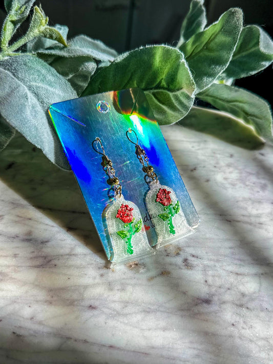 3D Printed Beauty & the Beast inspired earrings - Red Stain Glass rose earrings - Belle earrings Rose earrings
