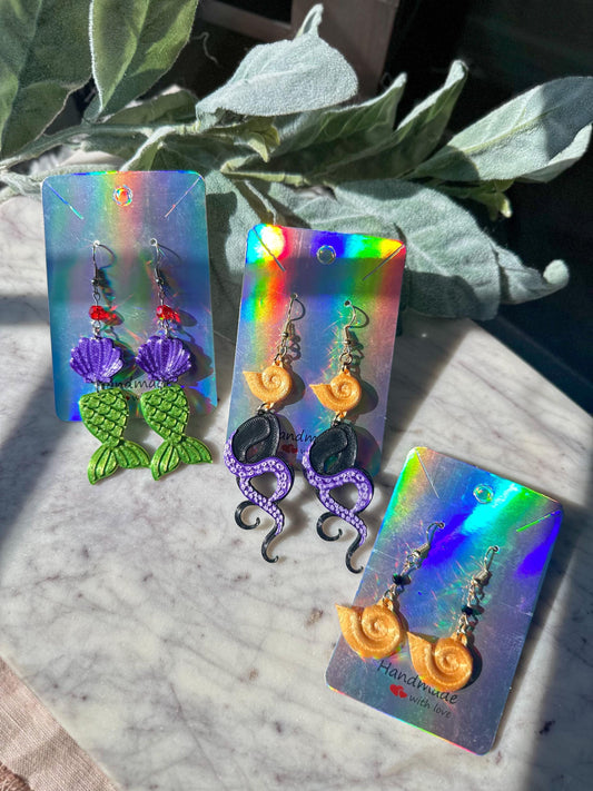 Mermaid Earrings, Seashell Earrings, 3D Printed Mermaid earrings, Ariel Inspired Earrings, Ursula inspired earrings - Tentacle earrings