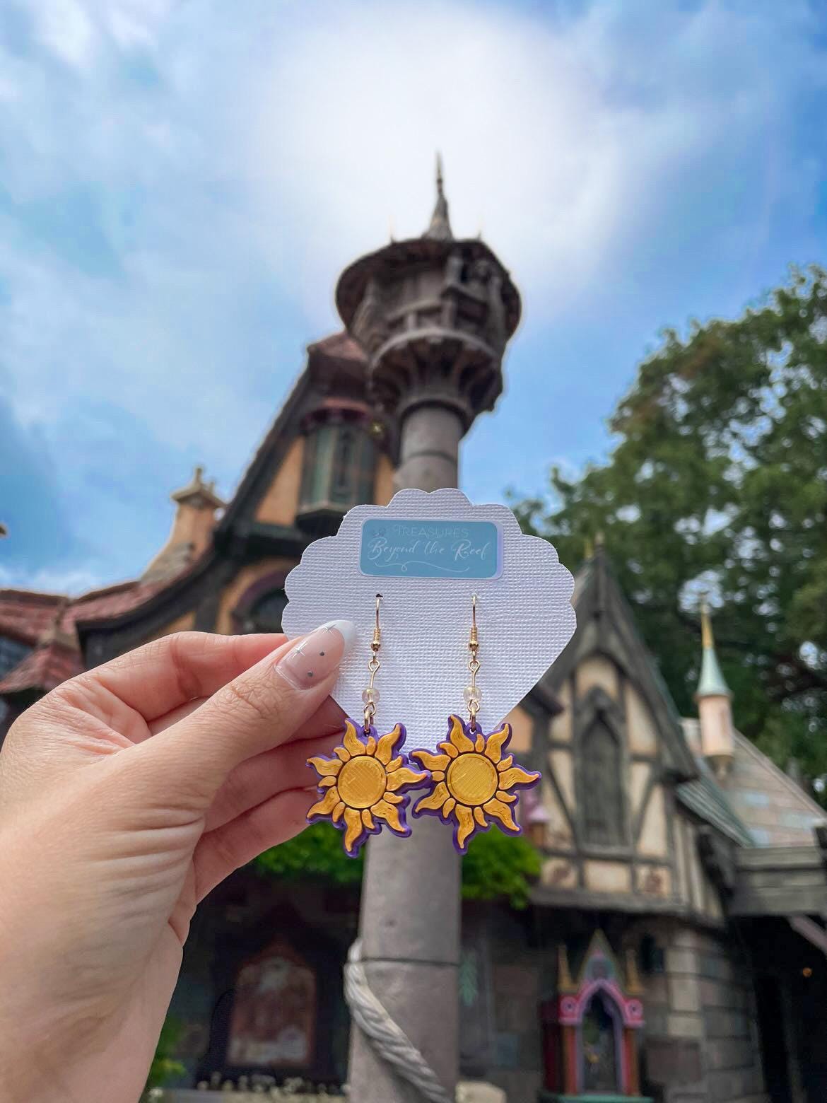 3D Printed Rapunzel inspired earrings - Purple Gold Sun flower earrings - lost princess earrings
