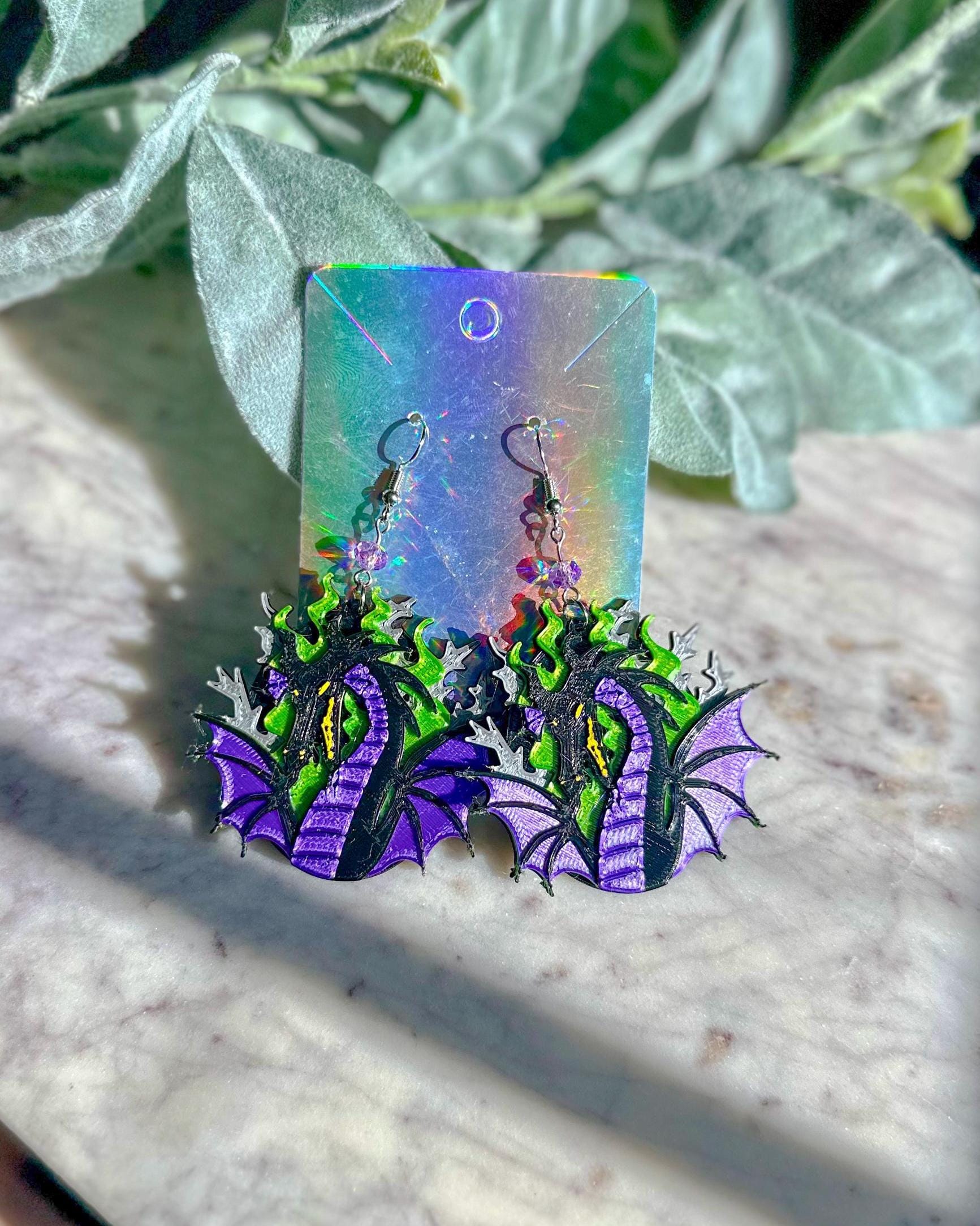 Fantasmic Inspired Earrings - 3D printed Maleficent earrings Maleficent Dragon earrings - Mistress of Evil Disney villains Sleeping Beauty