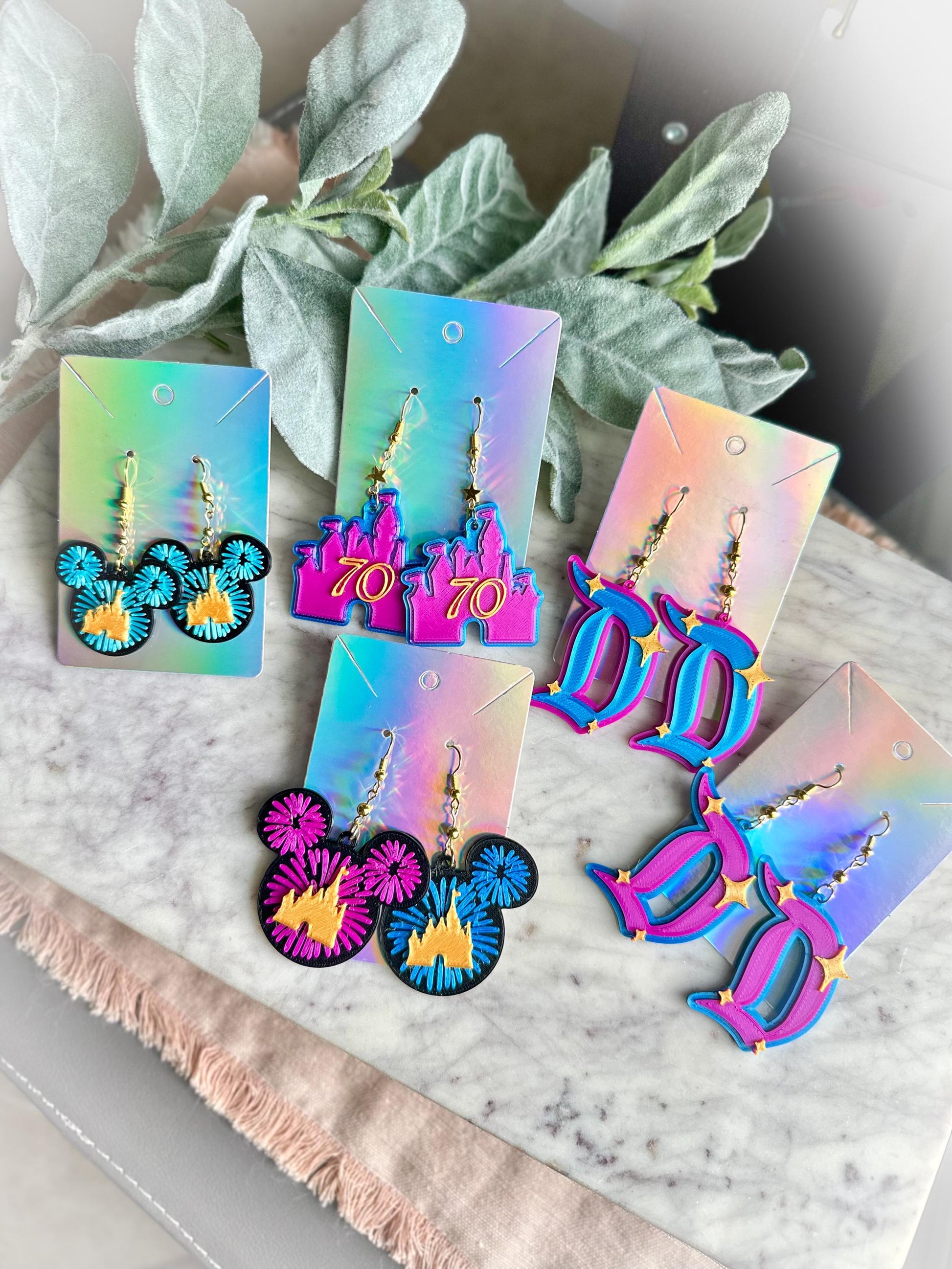 Disneyland 70th Inspired earrings - Disneyland 70th castle earrings - Disney D - Fireworks earrings - Disneyland 70th Celebration