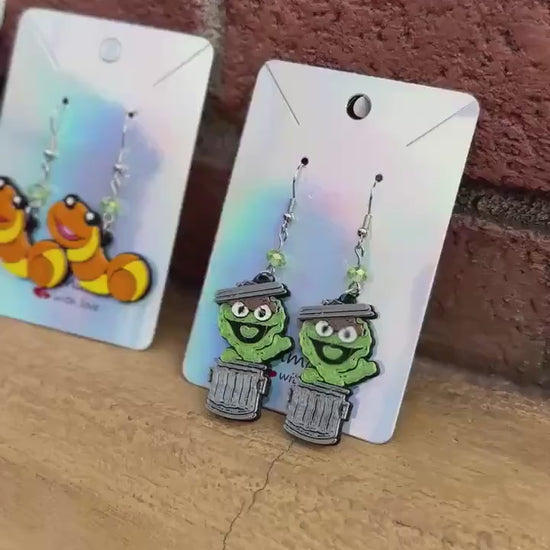3D Printed Sesame Street Inspired earrings - Slimey - Orange Worm, Blue monster Red Monster, Oscar the grouch - Elmo - Cookie Monster