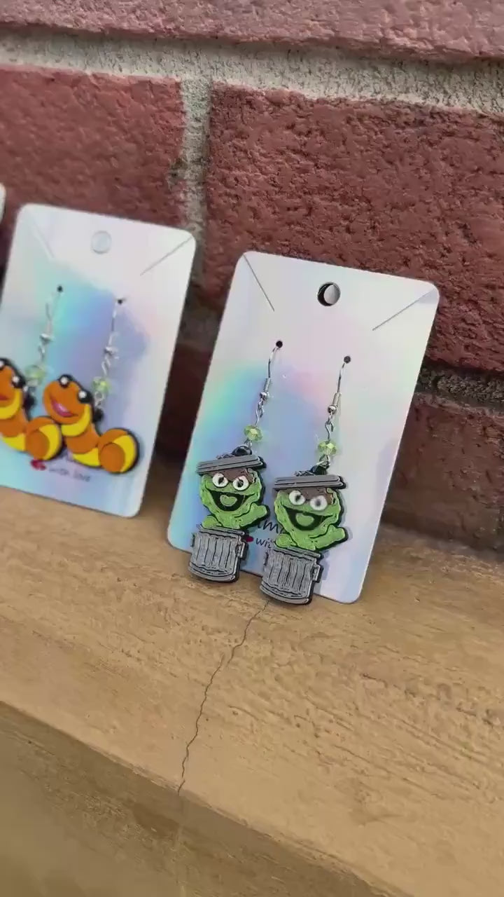 3D Printed Sesame Street Inspired earrings - Slimey - Orange Worm, Blue monster Red Monster, Oscar the grouch - Elmo - Cookie Monster
