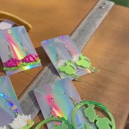 Princess Frog Earrings - Tiana Bayou Adventure inspired earrings - Princess Tiana 3D printed earrings - Lotus Flower - Princess Crown