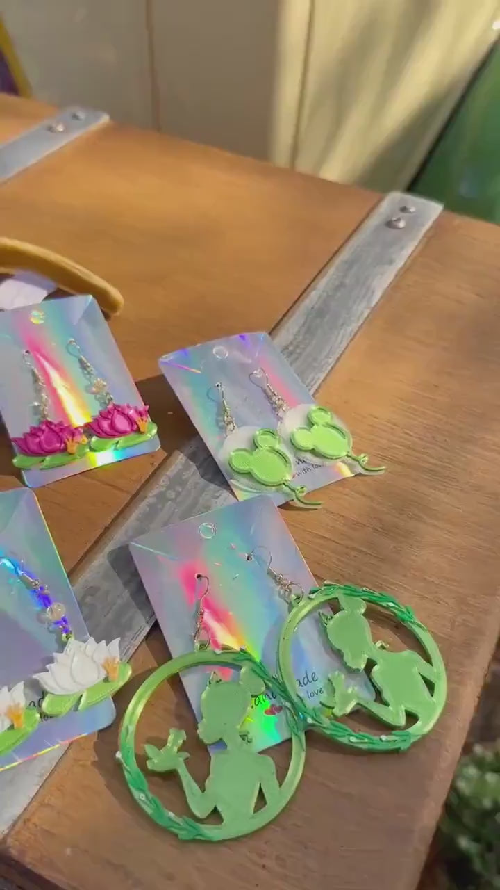 Princess Frog Earrings - Tiana Bayou Adventure inspired earrings - Princess Tiana 3D printed earrings - Lotus Flower - Princess Crown