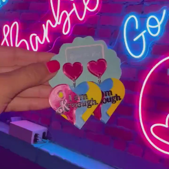 Kenough Doll inspired earrings - Hot Pink Doll earrings - I am Kenough earrings - Hot pink earrings -  Tiedyed heart earrings