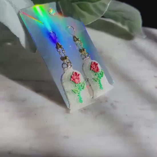 3D Printed Beauty & the Beast inspired earrings - Red Stain Glass rose earrings - Belle earrings Rose earrings
