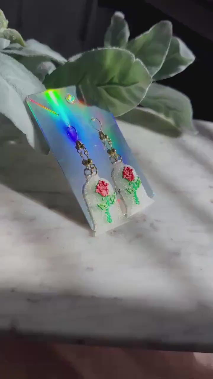 3D Printed Beauty & the Beast inspired earrings - Red Stain Glass rose earrings - Belle earrings Rose earrings